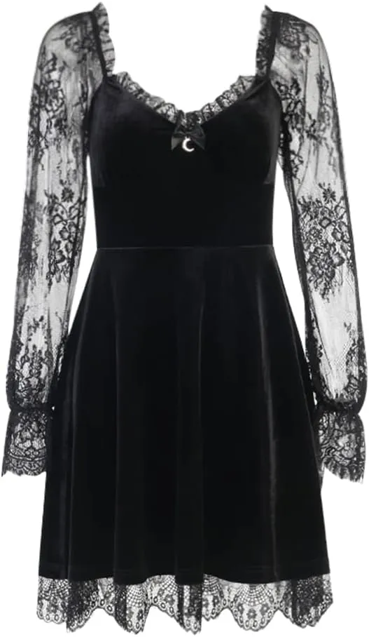 IKADEX Women Gothic Dress Vintage Lace Grunge Punk Goth Dresses Casual Cosplay Party Cocktail