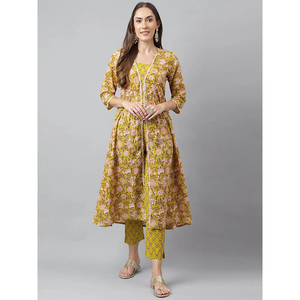 Janasya Womens Green Cotton Floral Block Printed Anarkali Kurta with Pant (Set of 2)