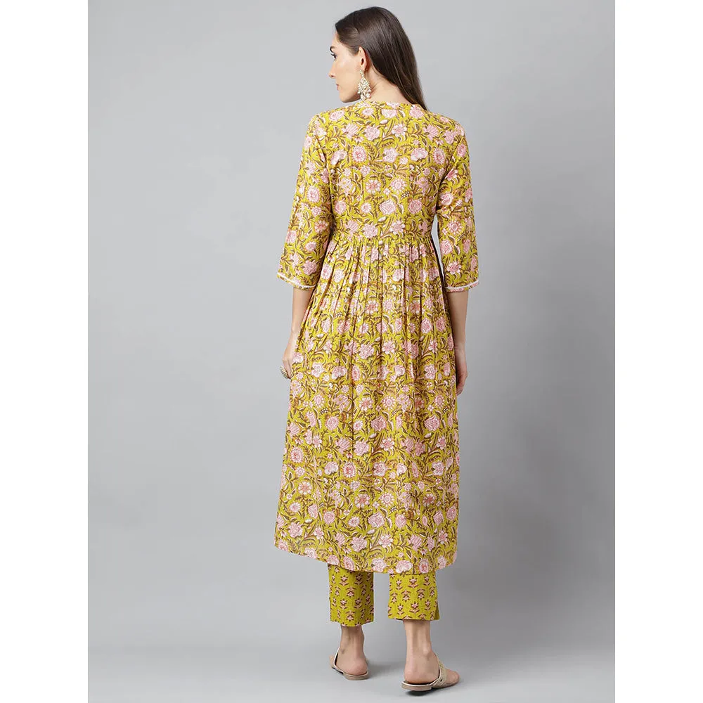Janasya Womens Green Cotton Floral Block Printed Anarkali Kurta with Pant (Set of 2)