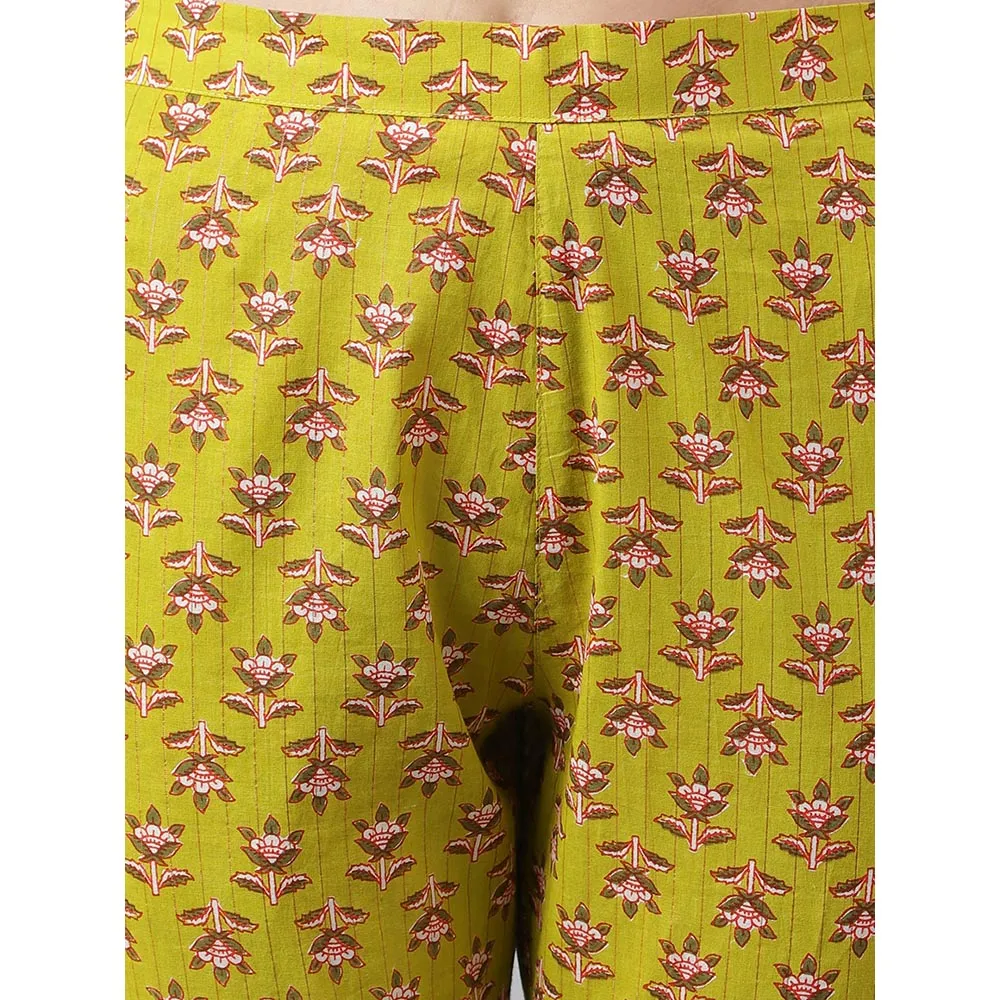 Janasya Womens Green Cotton Floral Block Printed Anarkali Kurta with Pant (Set of 2)