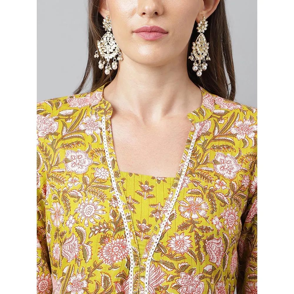 Janasya Womens Green Cotton Floral Block Printed Anarkali Kurta with Pant (Set of 2)