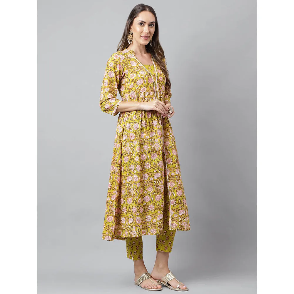 Janasya Womens Green Cotton Floral Block Printed Anarkali Kurta with Pant (Set of 2)