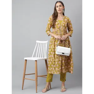 Janasya Womens Green Cotton Floral Block Printed Anarkali Kurta with Pant (Set of 2)
