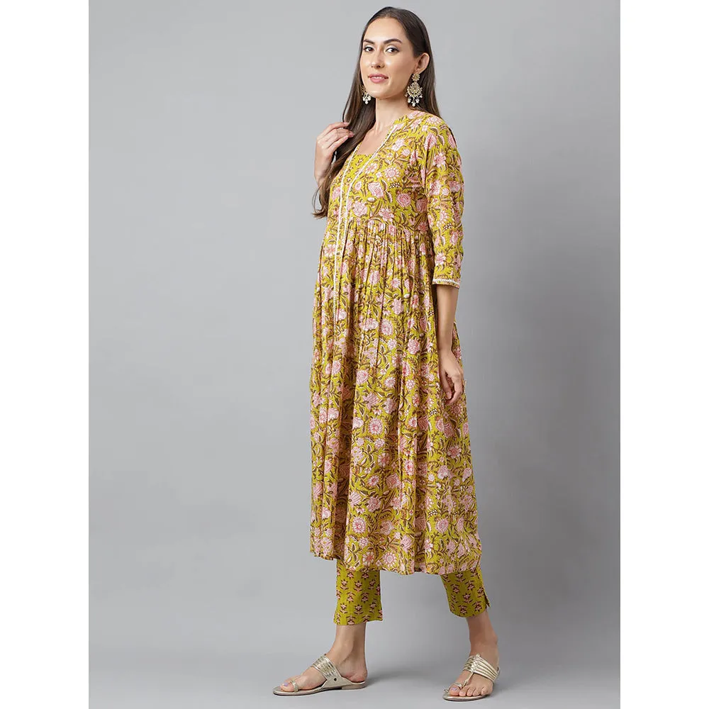 Janasya Womens Green Cotton Floral Block Printed Anarkali Kurta with Pant (Set of 2)