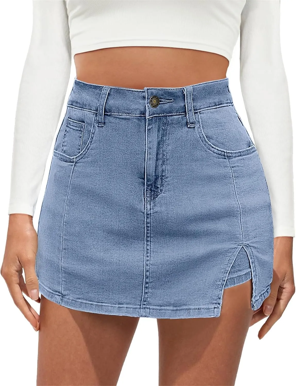Jean Skirts for Women Denim High Waisted Stretchy Denim Skirt with Slit Trendy Casual Slim Fit Short Skirts
