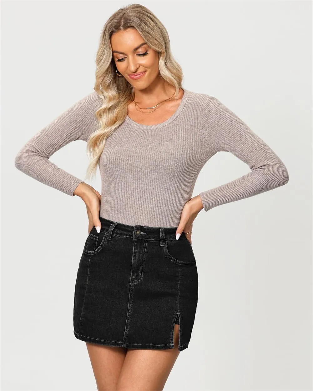 Jean Skirts for Women Denim High Waisted Stretchy Denim Skirt with Slit Trendy Casual Slim Fit Short Skirts