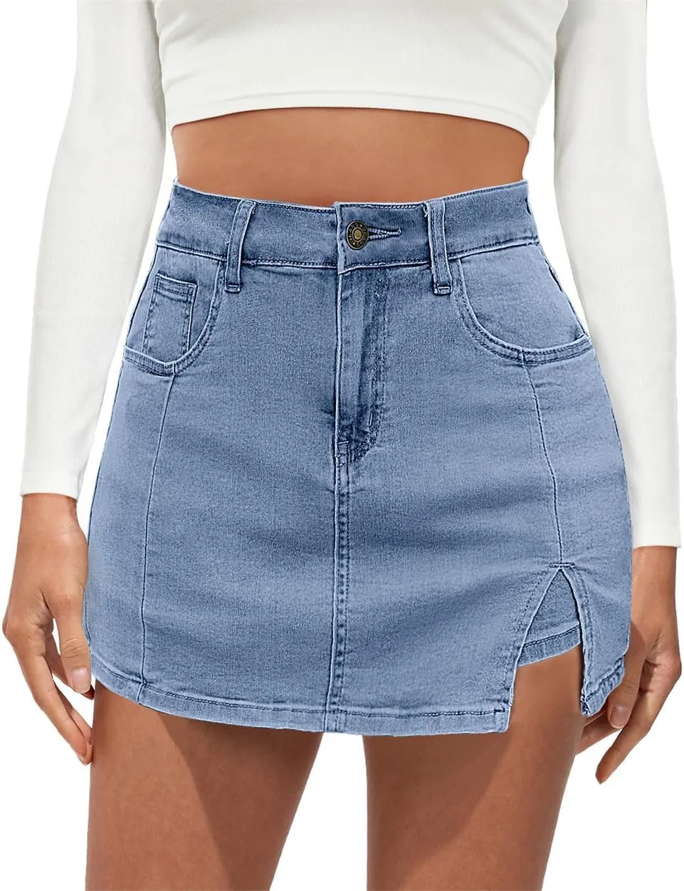 Jean Skirts for Women Denim High Waisted Stretchy Denim Skirt with Slit Trendy Casual Slim Fit Short Skirts