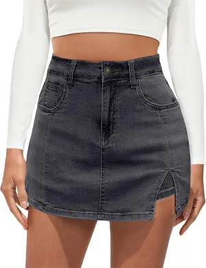 Jean Skirts for Women Denim High Waisted Stretchy Denim Skirt with Slit Trendy Casual Slim Fit Short Skirts