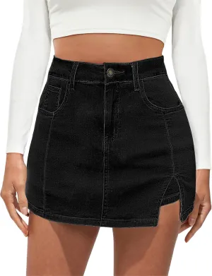 Jean Skirts for Women Denim High Waisted Stretchy Denim Skirt with Slit Trendy Casual Slim Fit Short Skirts