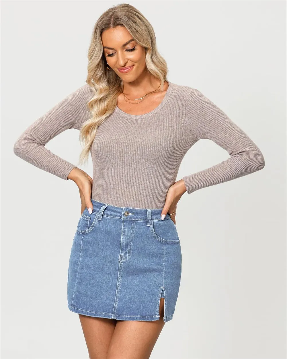Jean Skirts for Women Denim High Waisted Stretchy Denim Skirt with Slit Trendy Casual Slim Fit Short Skirts