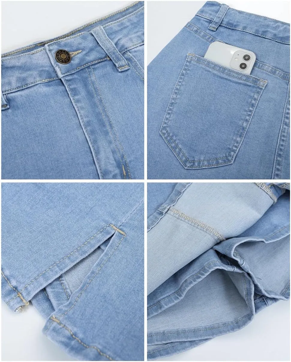 Jean Skirts for Women Denim High Waisted Stretchy Denim Skirt with Slit Trendy Casual Slim Fit Short Skirts
