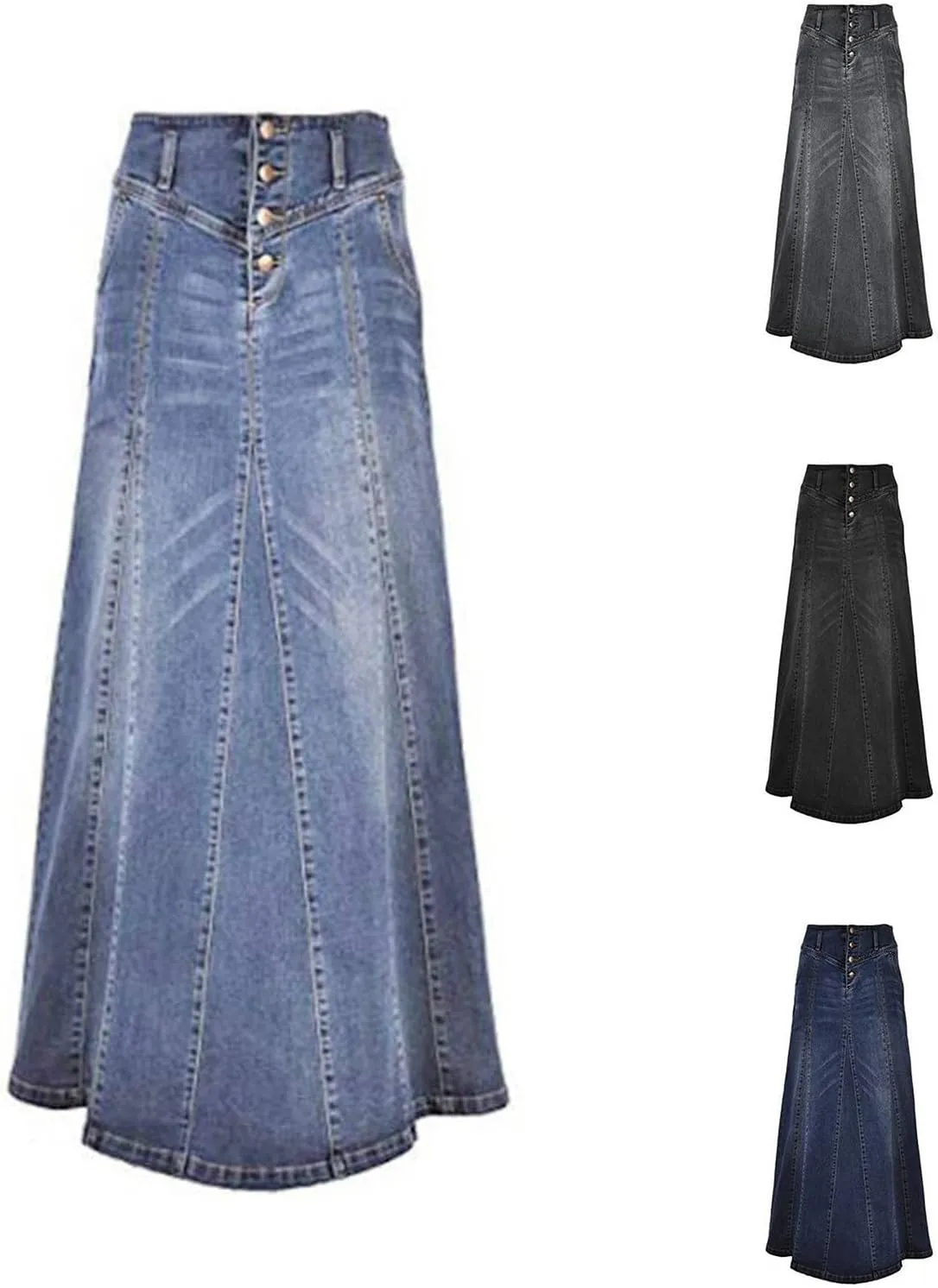Jean Skirts for Women Denim Retro Exposure Button Fly High Rise A Line Maxi Skirt Ruffle Swing Packaged Hip Skirts
