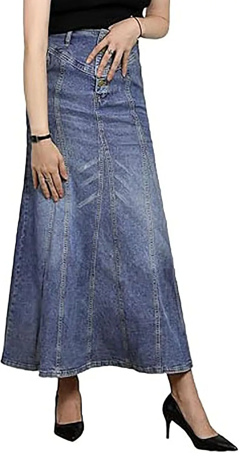 Jean Skirts for Women Denim Retro Exposure Button Fly High Rise A Line Maxi Skirt Ruffle Swing Packaged Hip Skirts