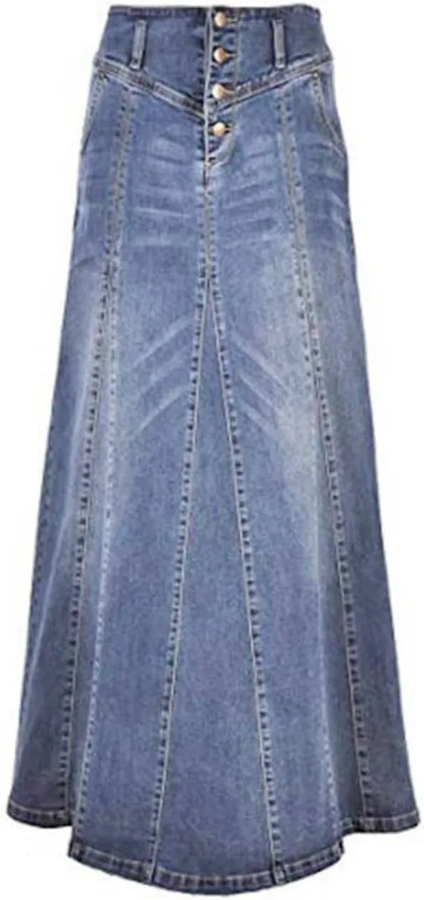 Jean Skirts for Women Denim Retro Exposure Button Fly High Rise A Line Maxi Skirt Ruffle Swing Packaged Hip Skirts