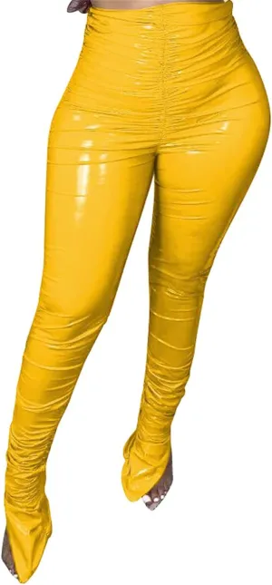 JEShifangjiusu Women Faux Leather Leggings Pants High Waist Straight Wide Leg PU Pleather Casual Solid Trousers Pockets