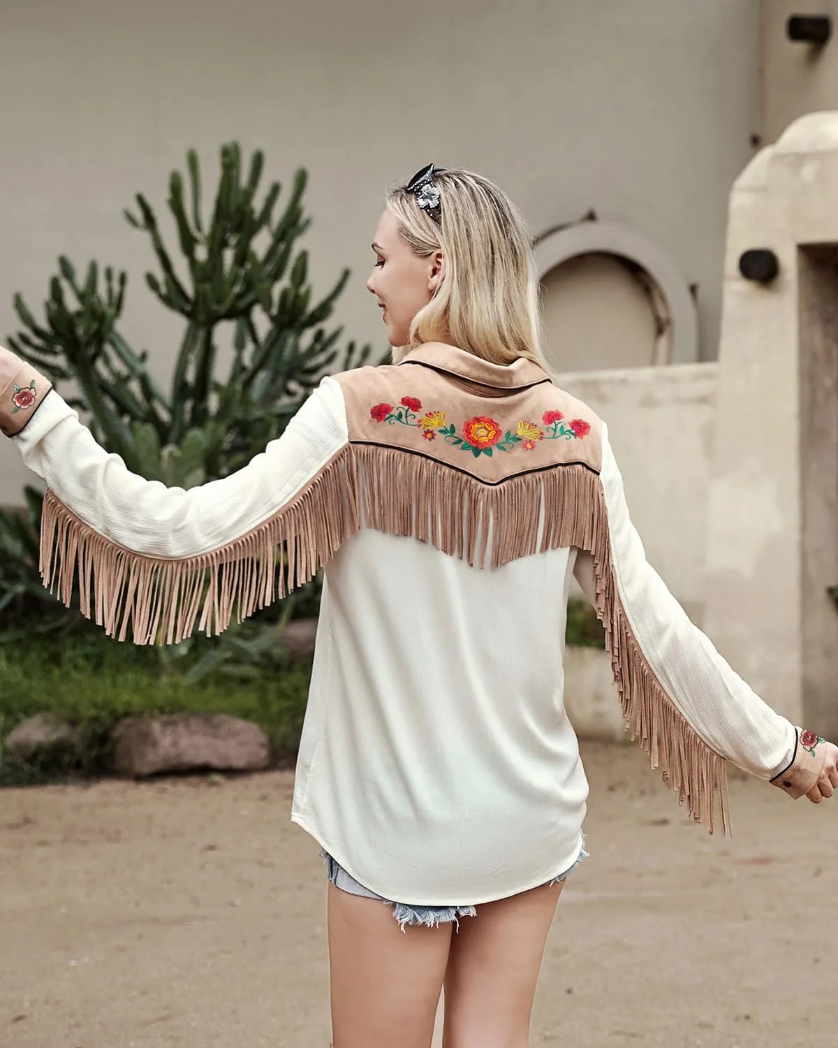 JOHN MOON Womens Fringe Western Long Sleeve Shirts Floral Embroidered Cowgirl Button Down Shacket Blouse Country Rodeo Outfit