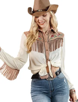 JOHN MOON Womens Fringe Western Long Sleeve Shirts Floral Embroidered Cowgirl Button Down Shacket Blouse Country Rodeo Outfit