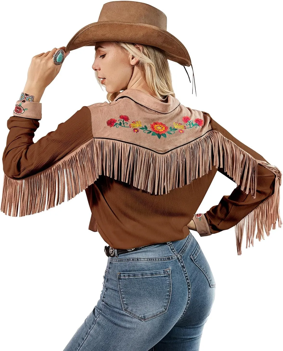 JOHN MOON Womens Fringe Western Long Sleeve Shirts Floral Embroidered Cowgirl Button Down Shacket Blouse Country Rodeo Outfit