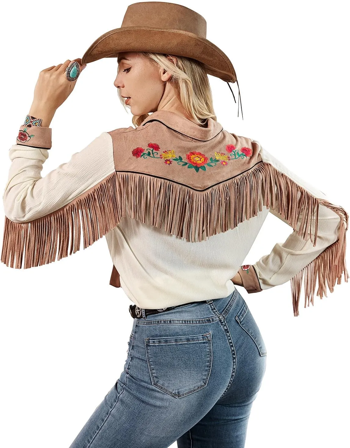 JOHN MOON Womens Fringe Western Long Sleeve Shirts Floral Embroidered Cowgirl Button Down Shacket Blouse Country Rodeo Outfit