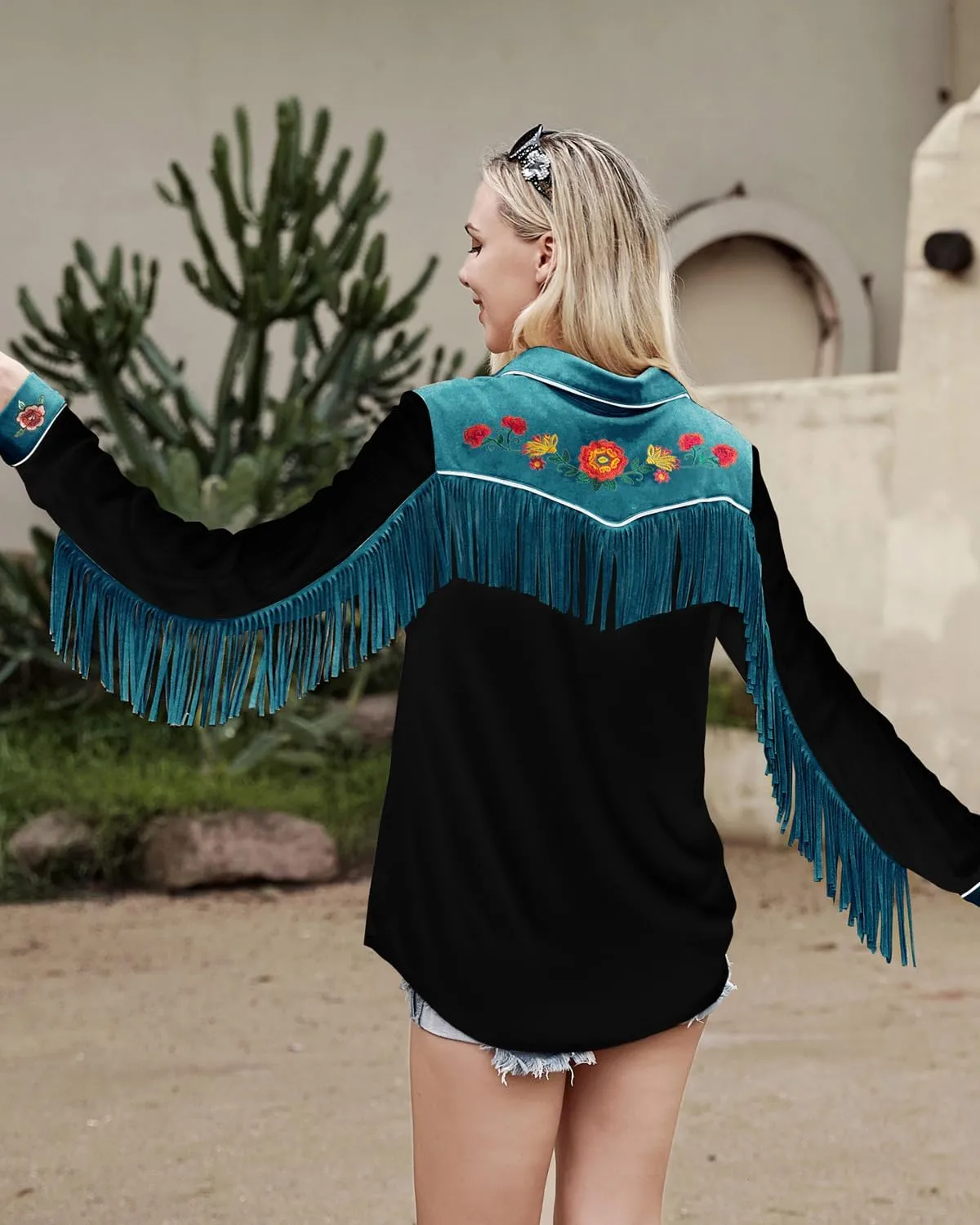 JOHN MOON Womens Fringe Western Long Sleeve Shirts Floral Embroidered Cowgirl Button Down Shacket Blouse Country Rodeo Outfit