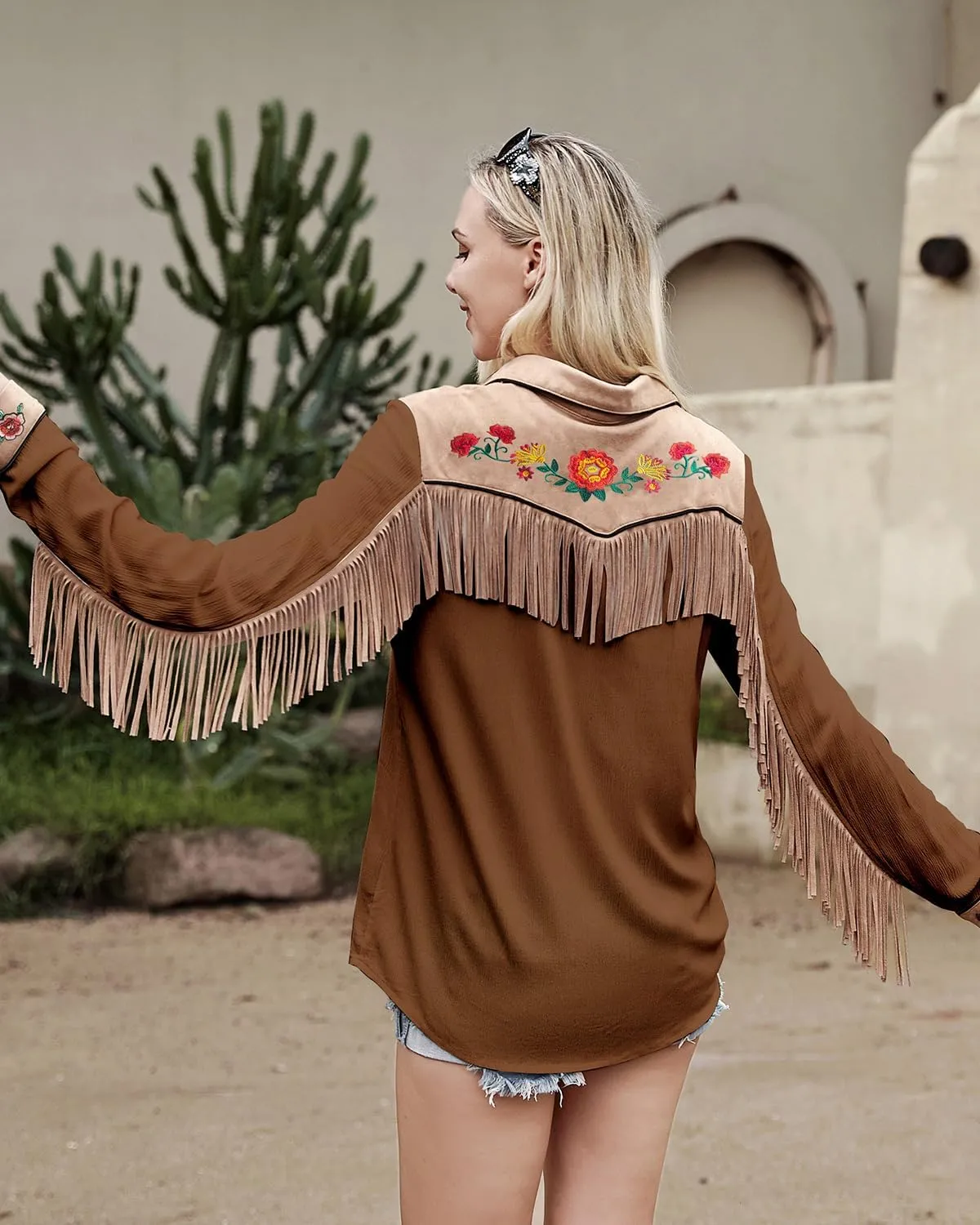 JOHN MOON Womens Fringe Western Long Sleeve Shirts Floral Embroidered Cowgirl Button Down Shacket Blouse Country Rodeo Outfit