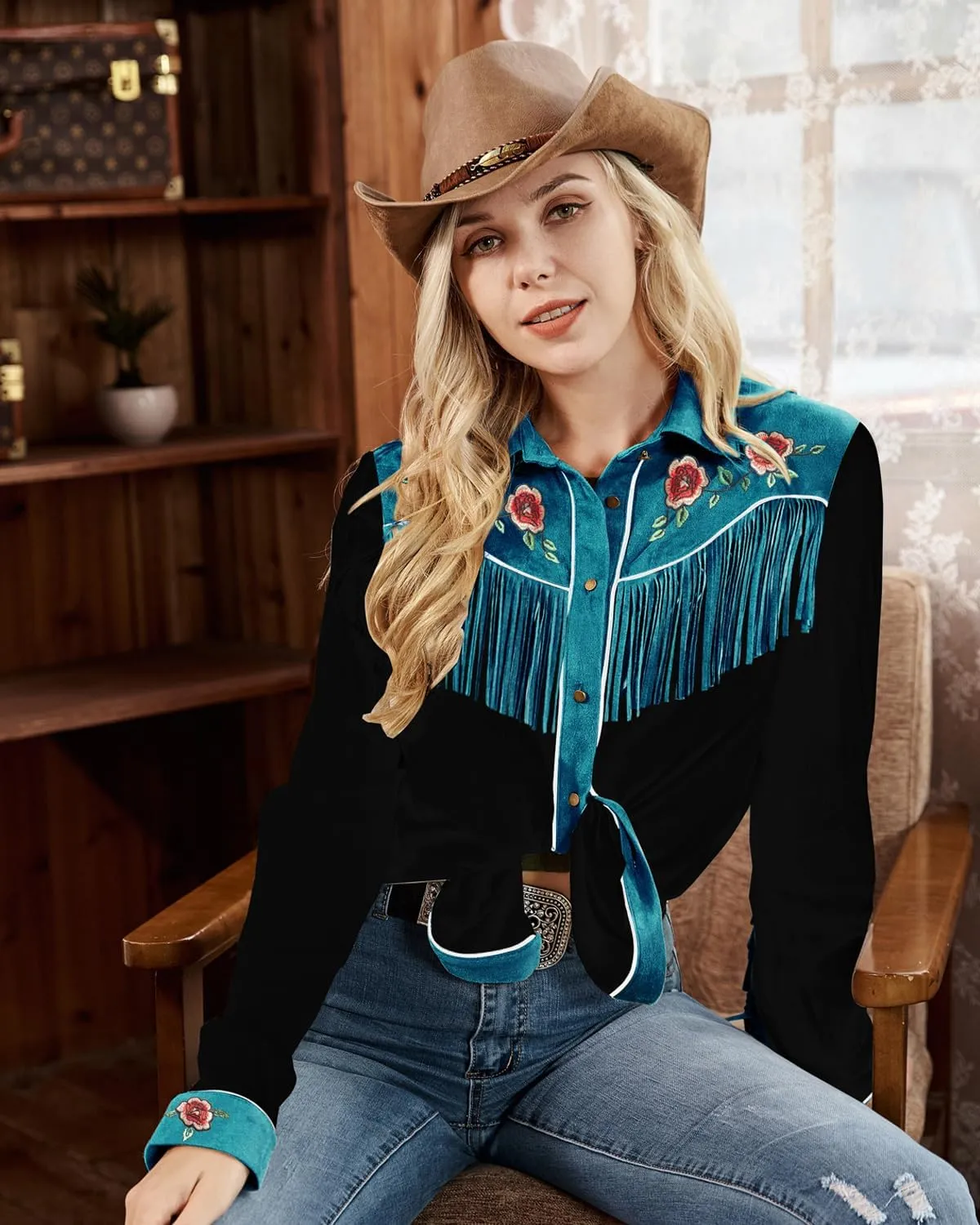 JOHN MOON Womens Fringe Western Long Sleeve Shirts Floral Embroidered Cowgirl Button Down Shacket Blouse Country Rodeo Outfit
