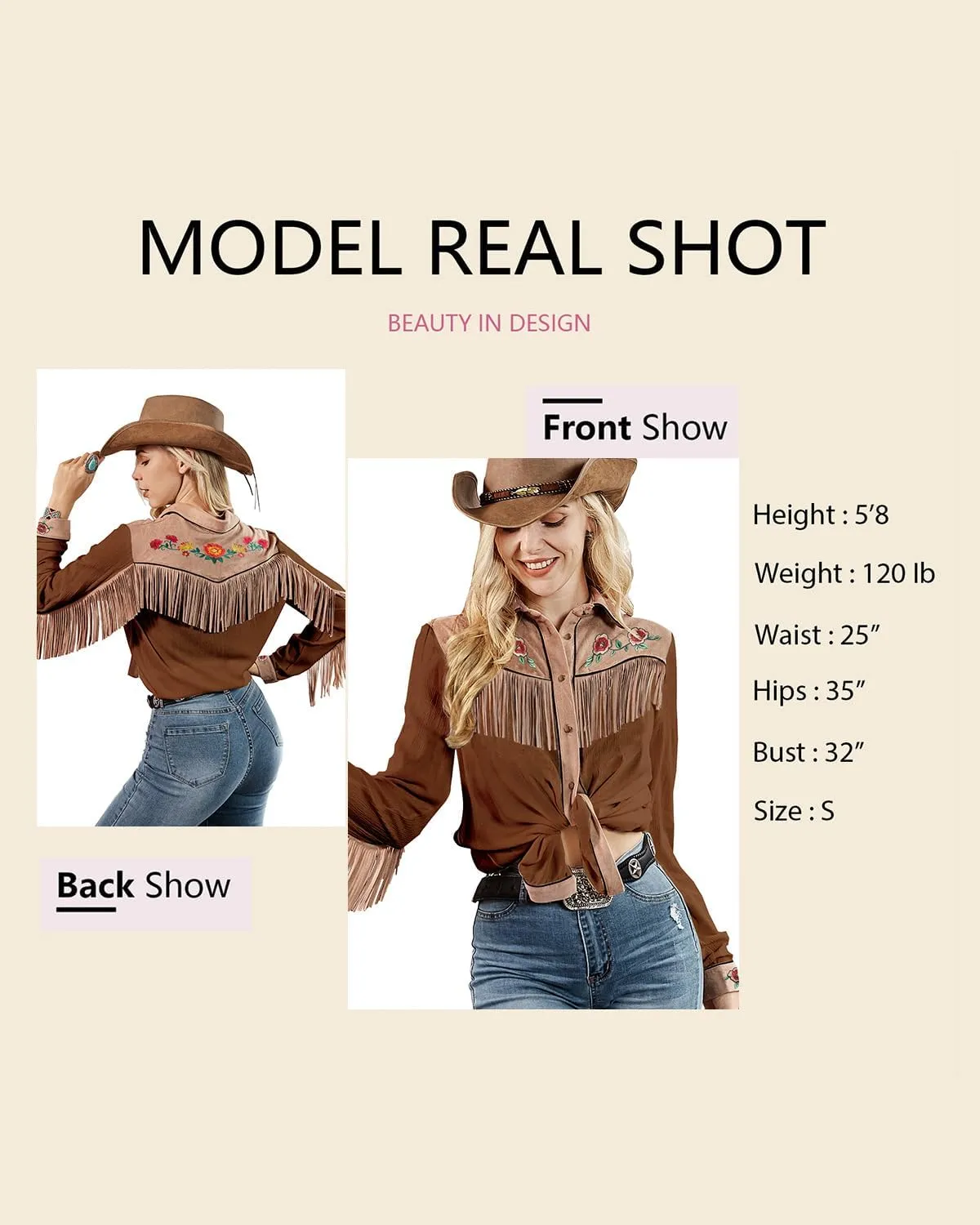 JOHN MOON Womens Fringe Western Long Sleeve Shirts Floral Embroidered Cowgirl Button Down Shacket Blouse Country Rodeo Outfit