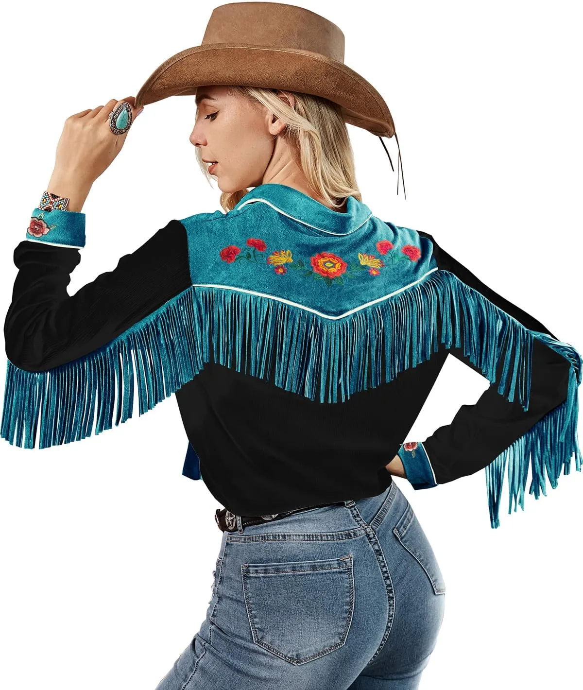 JOHN MOON Womens Fringe Western Long Sleeve Shirts Floral Embroidered Cowgirl Button Down Shacket Blouse Country Rodeo Outfit