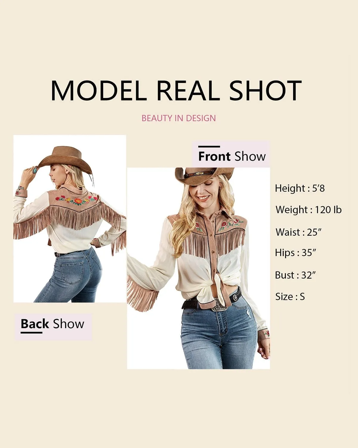 JOHN MOON Womens Fringe Western Long Sleeve Shirts Floral Embroidered Cowgirl Button Down Shacket Blouse Country Rodeo Outfit