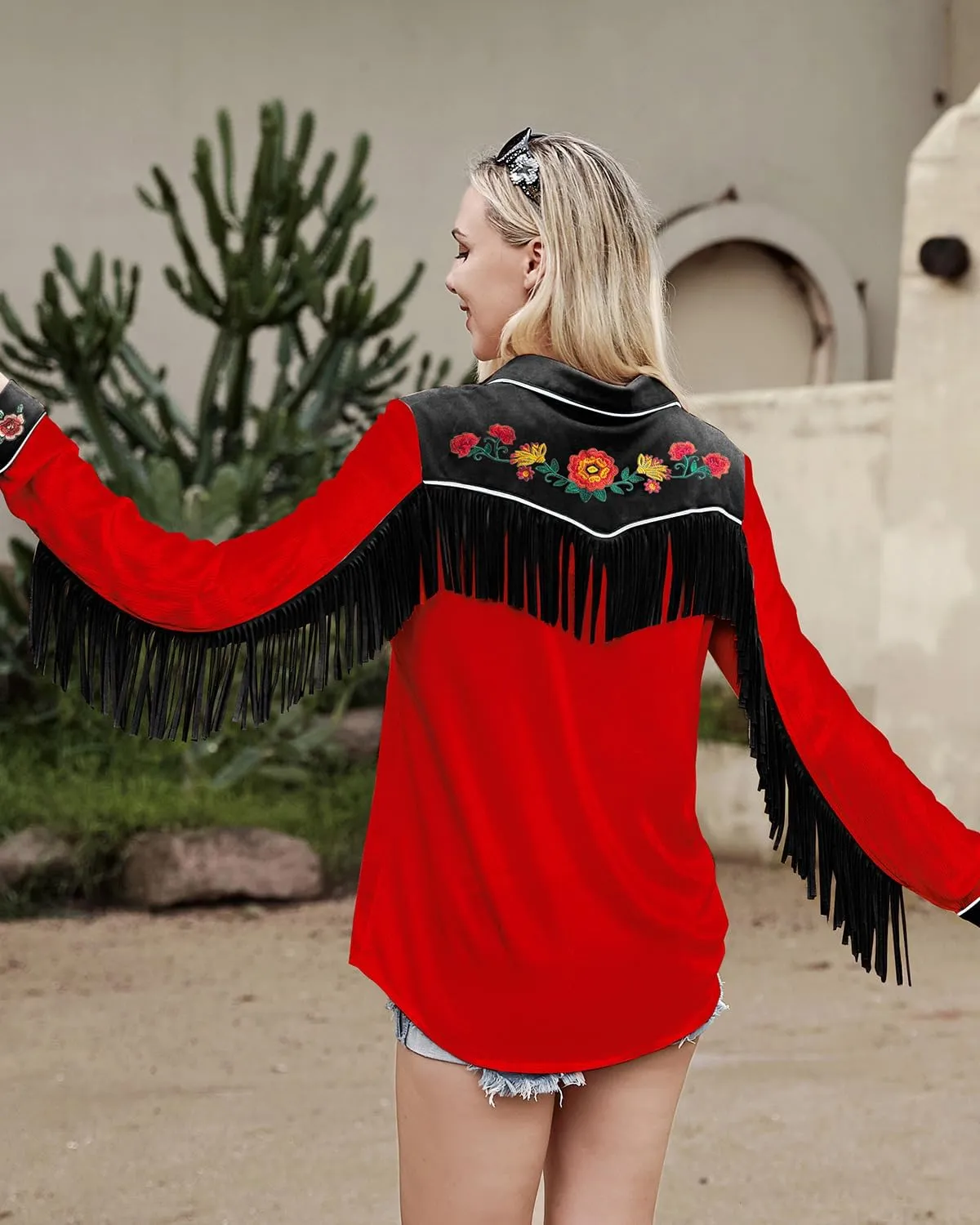 JOHN MOON Womens Fringe Western Long Sleeve Shirts Floral Embroidered Cowgirl Button Down Shacket Blouse Country Rodeo Outfit