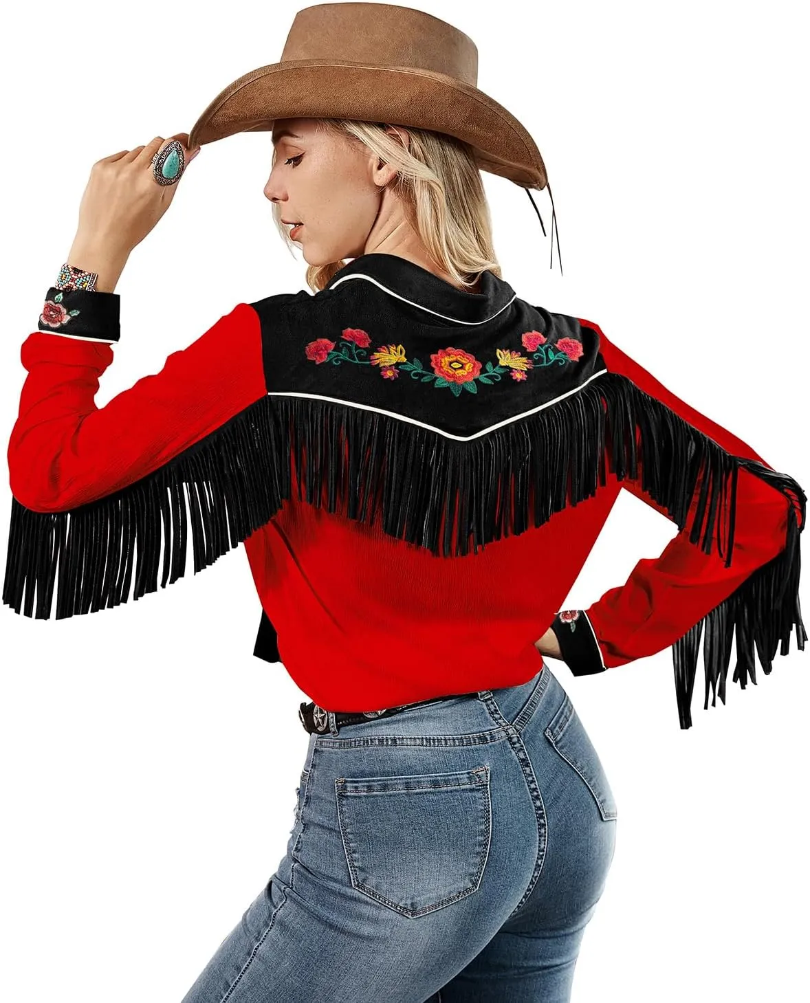 JOHN MOON Womens Fringe Western Long Sleeve Shirts Floral Embroidered Cowgirl Button Down Shacket Blouse Country Rodeo Outfit
