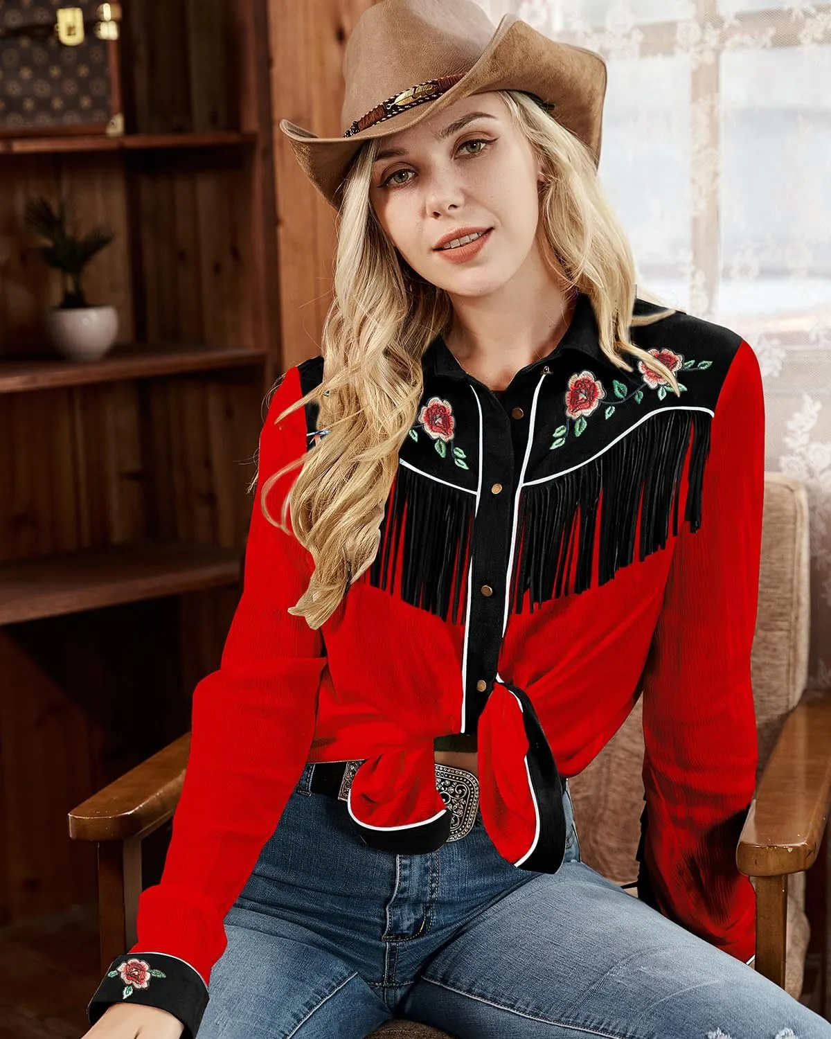 JOHN MOON Womens Fringe Western Long Sleeve Shirts Floral Embroidered Cowgirl Button Down Shacket Blouse Country Rodeo Outfit