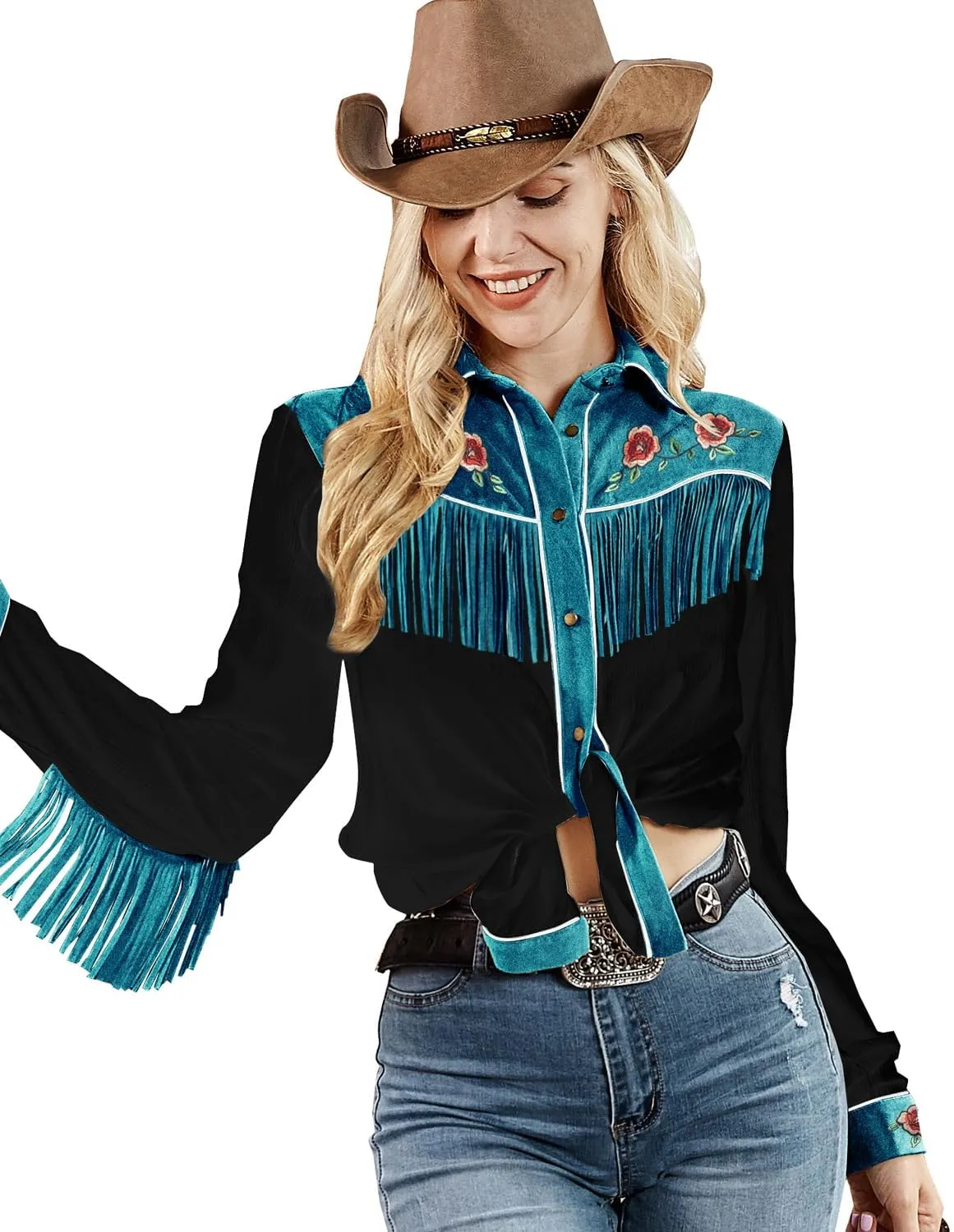 JOHN MOON Womens Fringe Western Long Sleeve Shirts Floral Embroidered Cowgirl Button Down Shacket Blouse Country Rodeo Outfit