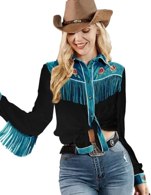 JOHN MOON Womens Fringe Western Long Sleeve Shirts Floral Embroidered Cowgirl Button Down Shacket Blouse Country Rodeo Outfit