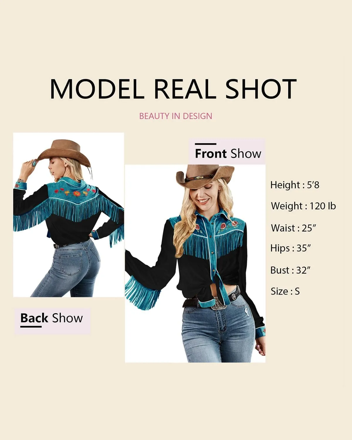 JOHN MOON Womens Fringe Western Long Sleeve Shirts Floral Embroidered Cowgirl Button Down Shacket Blouse Country Rodeo Outfit