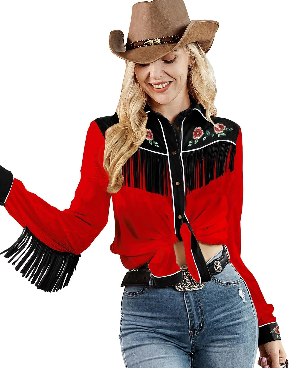 JOHN MOON Womens Fringe Western Long Sleeve Shirts Floral Embroidered Cowgirl Button Down Shacket Blouse Country Rodeo Outfit