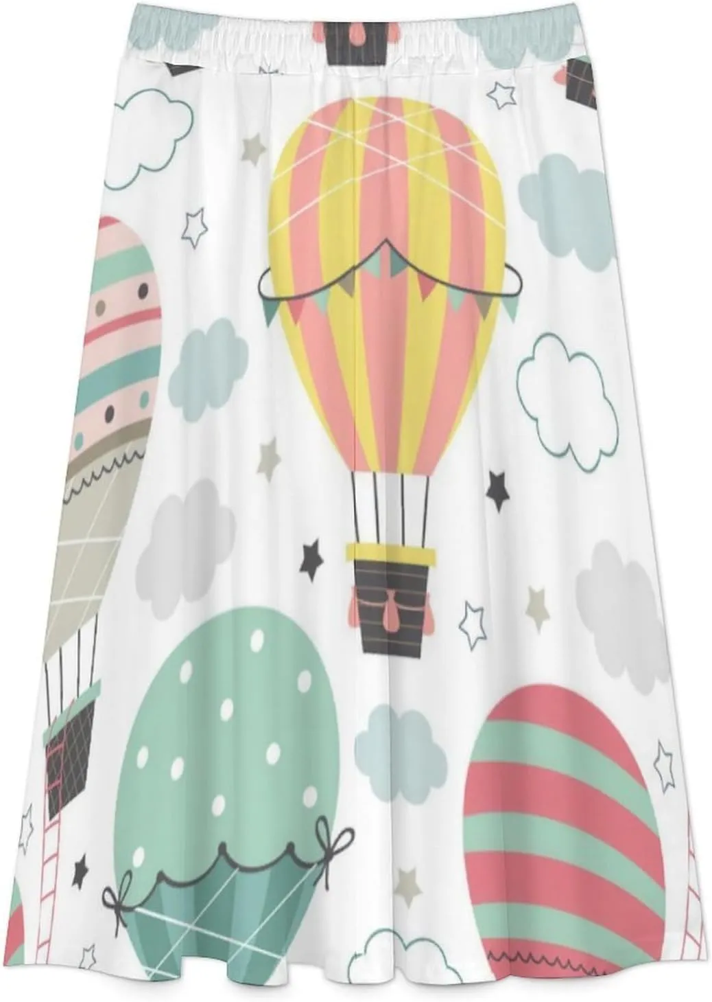 Kawaii Fire Balloon Printed Midi Skirt High Elastic Waist Ruffle Flowy Office Skirts