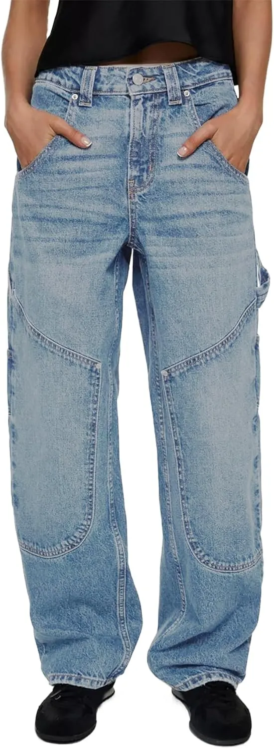 Kedera Mid Rise Barrel Baggy Carpenter Jeans for Women Wide Leg Denim Pants Baggy Boyfriend Cargo Jeans