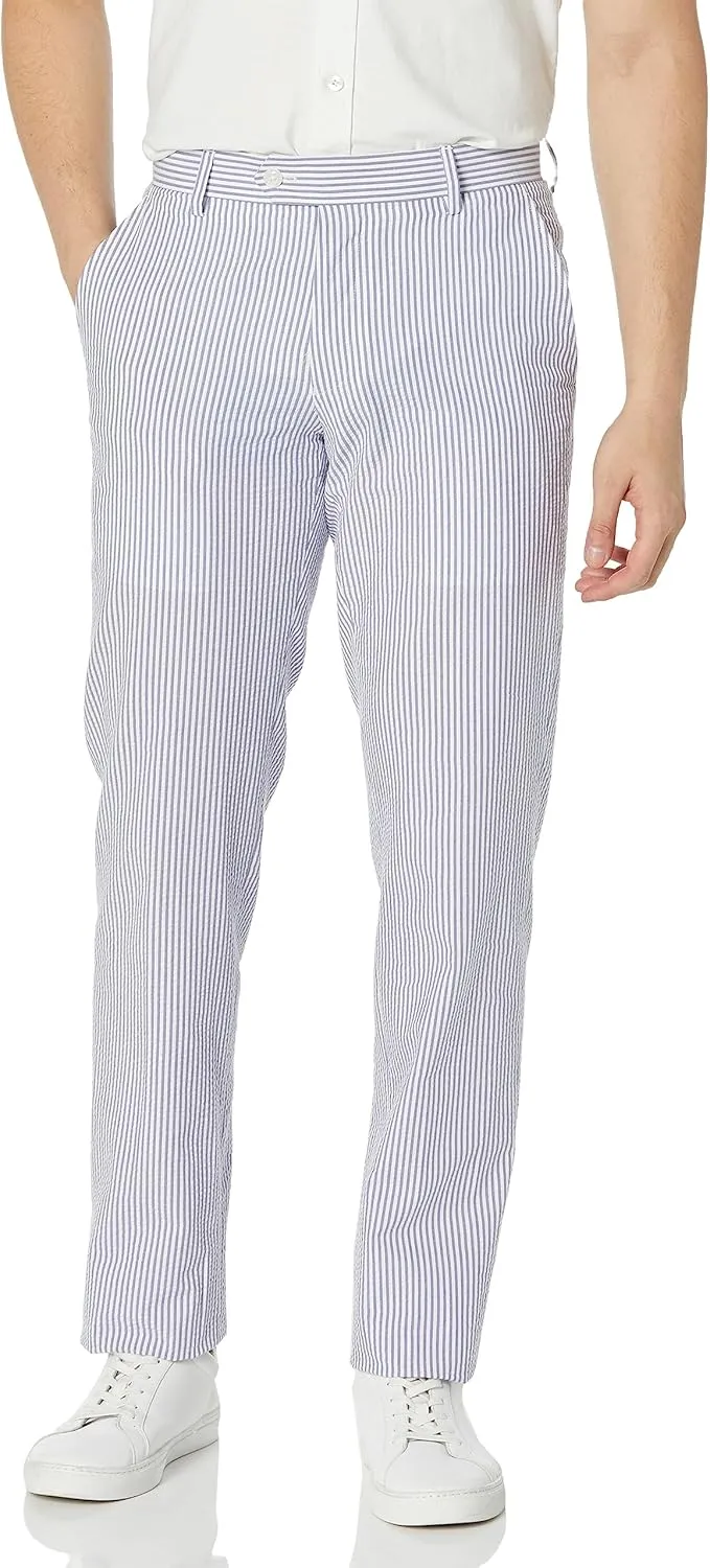 Kroon Men's Andrew Flat Front AIM Active Inspired Movement Combed Cotton Seersucker Suit Separate Pants Modern Fit, Navy and White