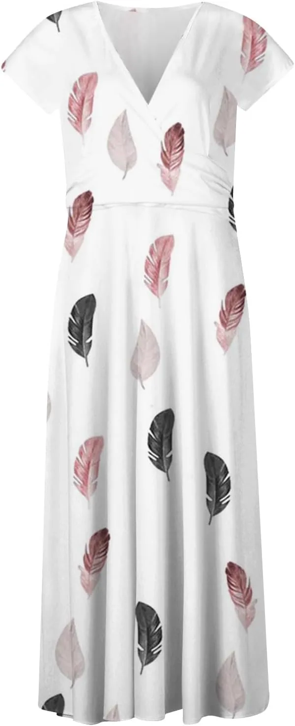 Ladies Sexy Vintage Dresses Bohemian Summer Maxi Loose Fit 2025 V Neck Short Sleeve Daily A Line Loose Fit Party Dress