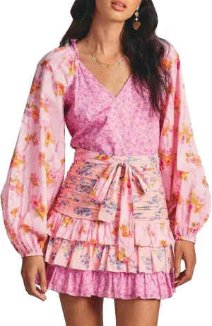 lashbair Women Long Sleeve Floral Dress Layered Ruffle V Neck Party Mini Dress for Beach Cocktail Club Streetwear