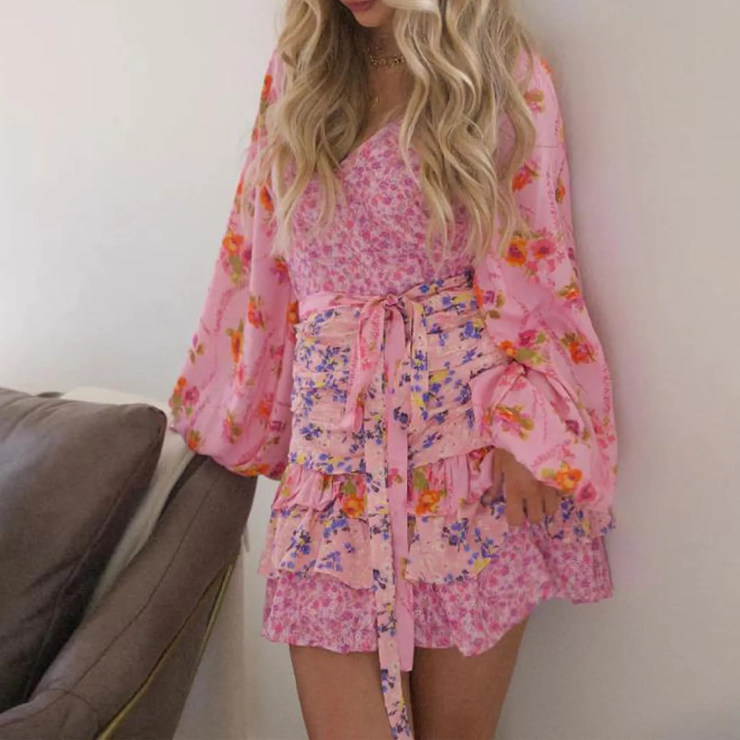 lashbair Women Long Sleeve Floral Dress Layered Ruffle V Neck Party Mini Dress for Beach Cocktail Club Streetwear