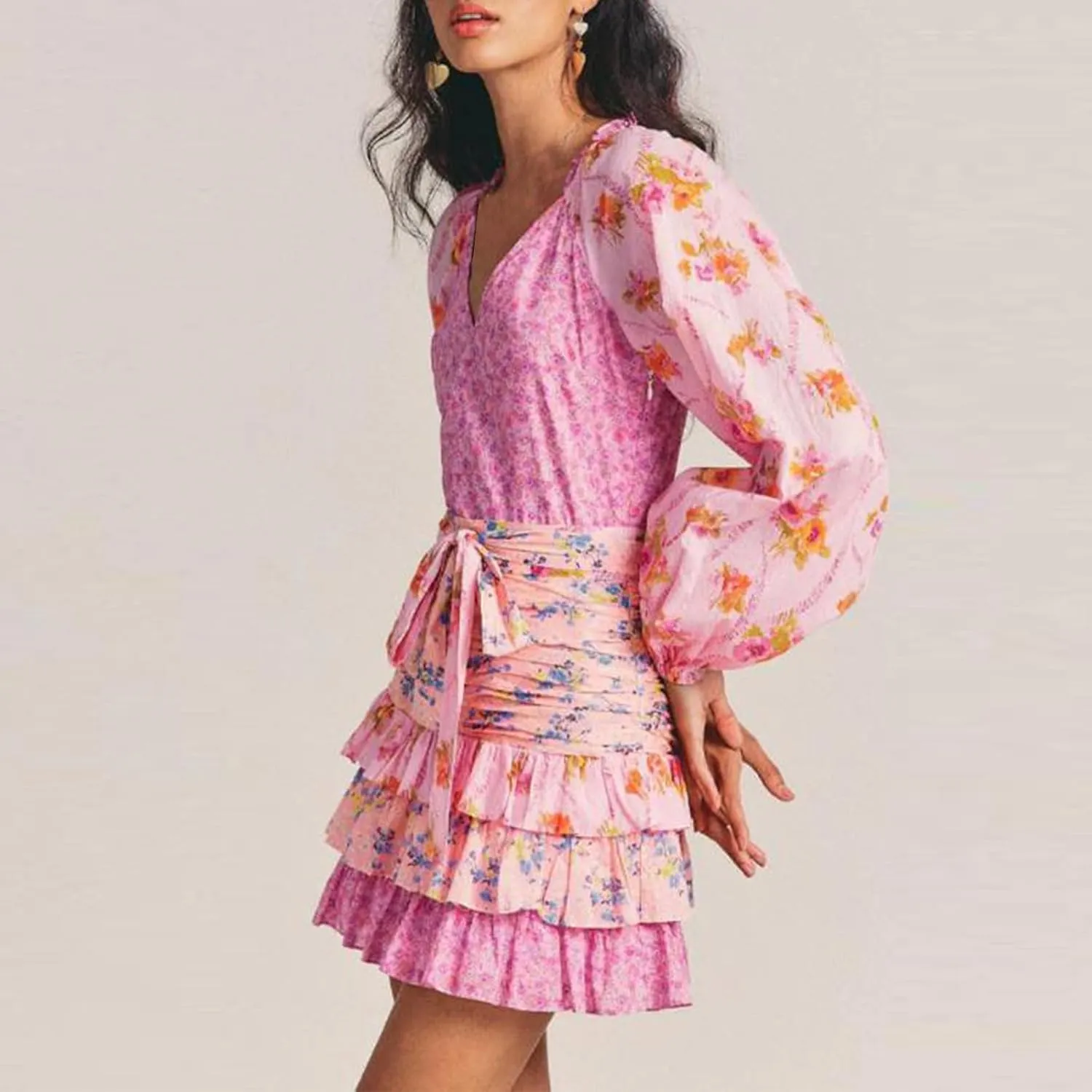 lashbair Women Long Sleeve Floral Dress Layered Ruffle V Neck Party Mini Dress for Beach Cocktail Club Streetwear