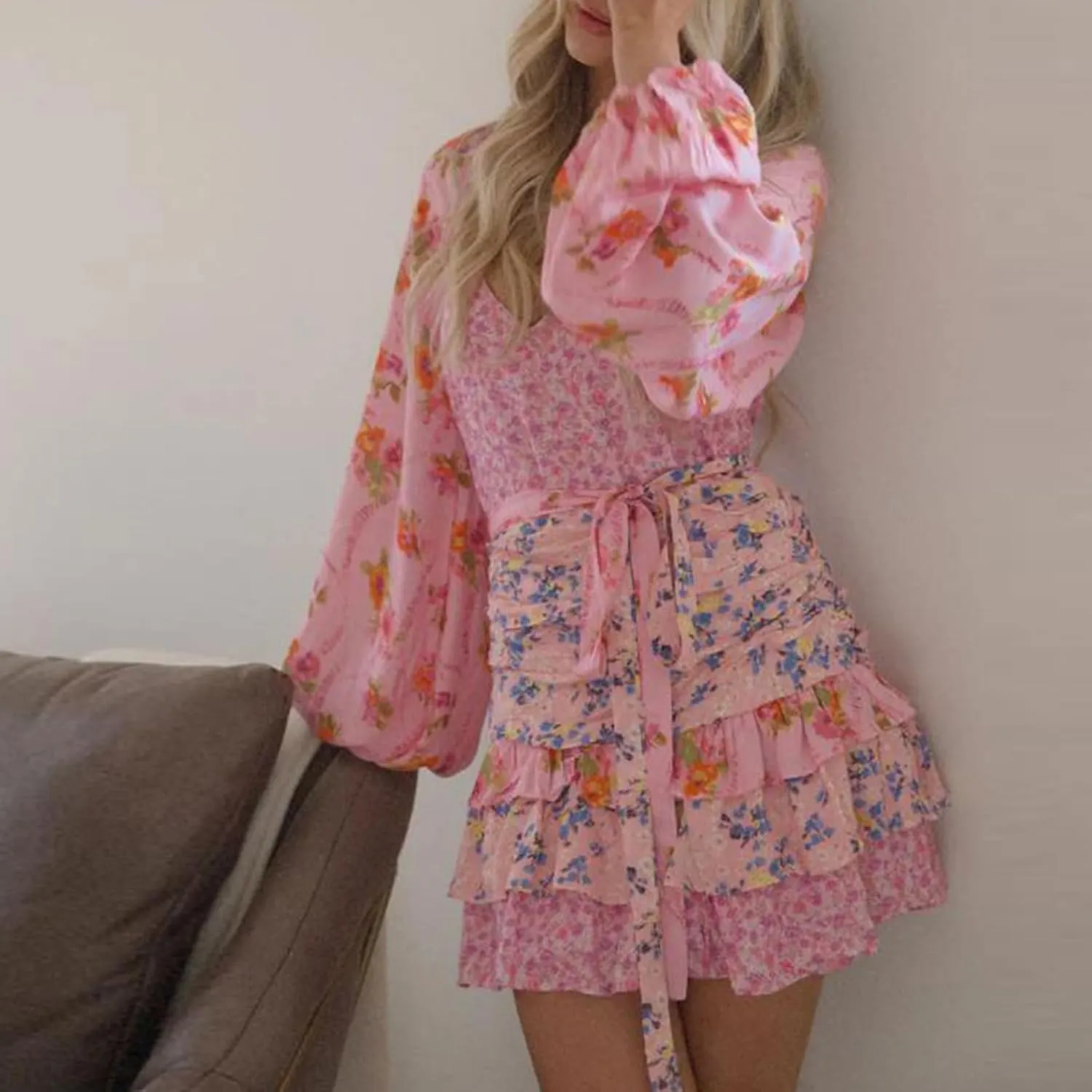 lashbair Women Long Sleeve Floral Dress Layered Ruffle V Neck Party Mini Dress for Beach Cocktail Club Streetwear