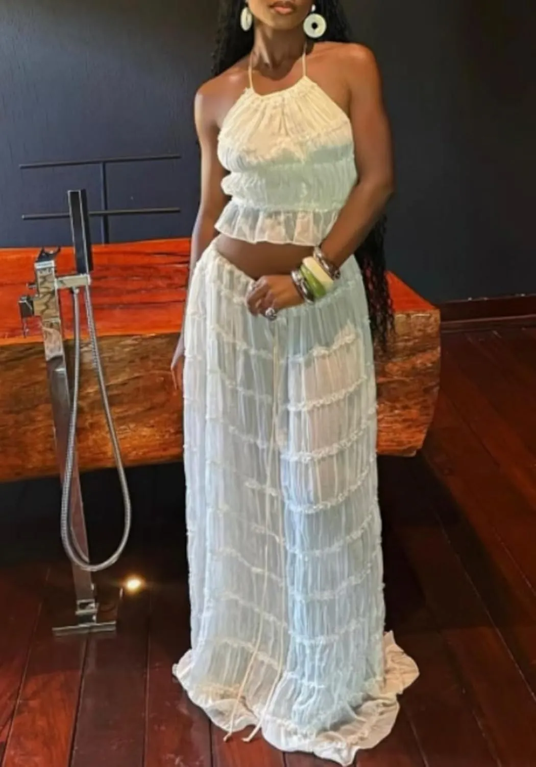 LETSVDO Skirt Sets Women 2 Piece Outfits Backless Halter Top And Pleated Ruffle Flowy Maxi Skirts Y2k Beach Vacation Set