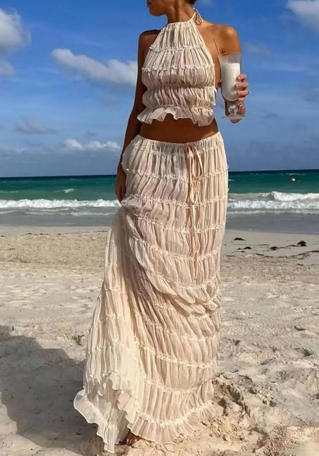 LETSVDO Skirt Sets Women 2 Piece Outfits Backless Halter Top And Pleated Ruffle Flowy Maxi Skirts Y2k Beach Vacation Set