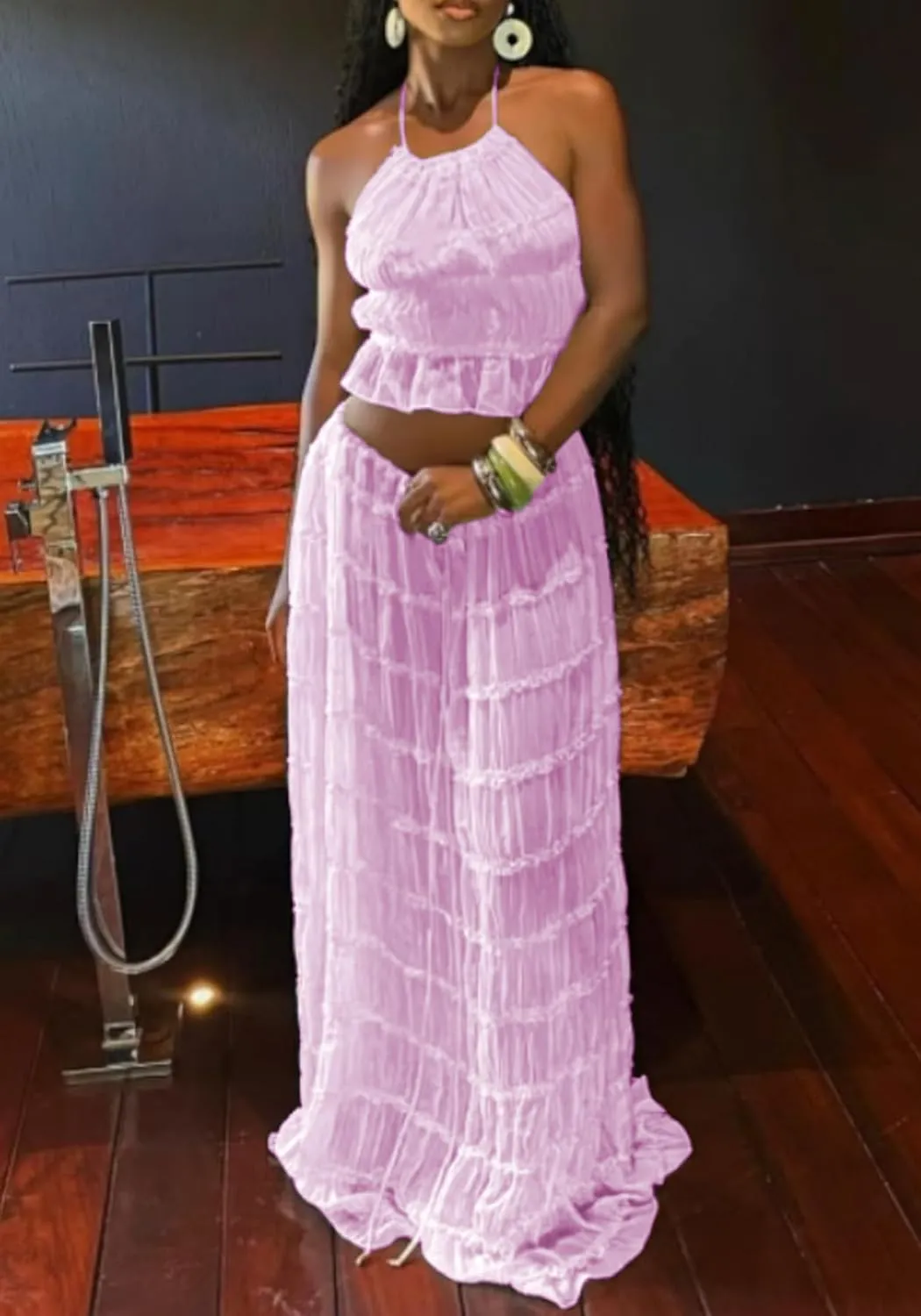 LETSVDO Skirt Sets Women 2 Piece Outfits Backless Halter Top And Pleated Ruffle Flowy Maxi Skirts Y2k Beach Vacation Set
