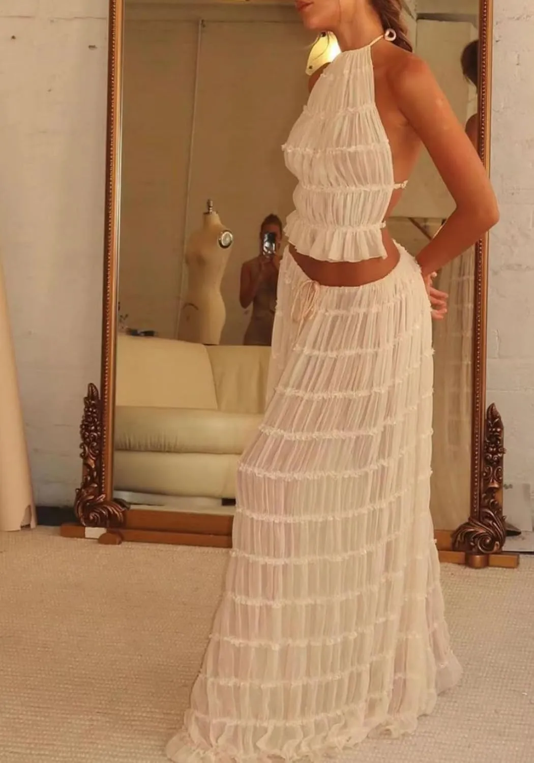 LETSVDO Skirt Sets Women 2 Piece Outfits Backless Halter Top And Pleated Ruffle Flowy Maxi Skirts Y2k Beach Vacation Set