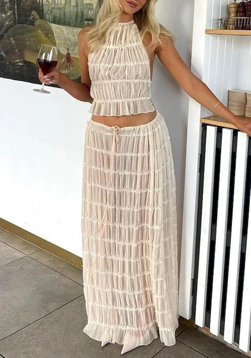 LETSVDO Skirt Sets Women 2 Piece Outfits Backless Halter Top And Pleated Ruffle Flowy Maxi Skirts Y2k Beach Vacation Set