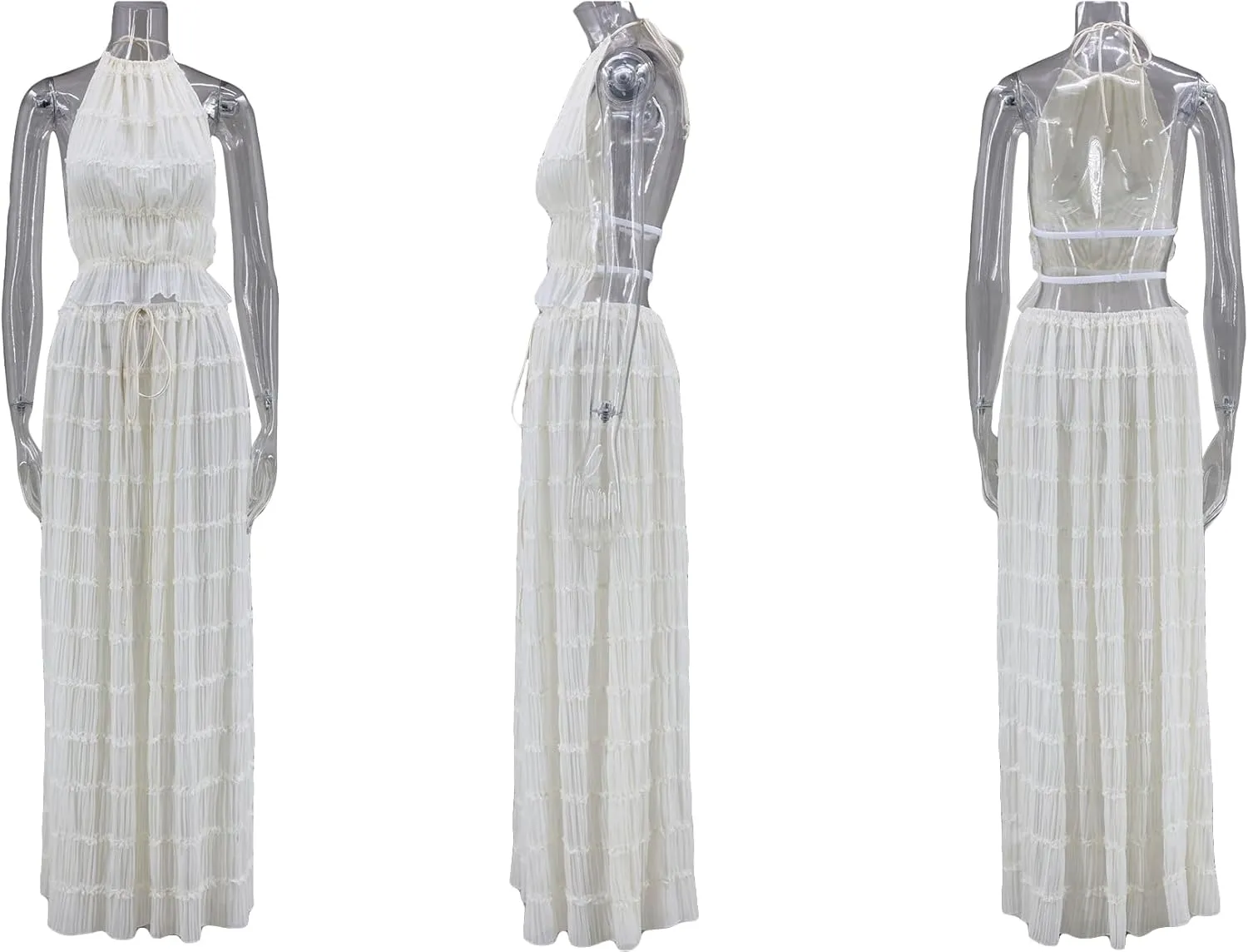 LETSVDO Skirt Sets Women 2 Piece Outfits Backless Halter Top And Pleated Ruffle Flowy Maxi Skirts Y2k Beach Vacation Set